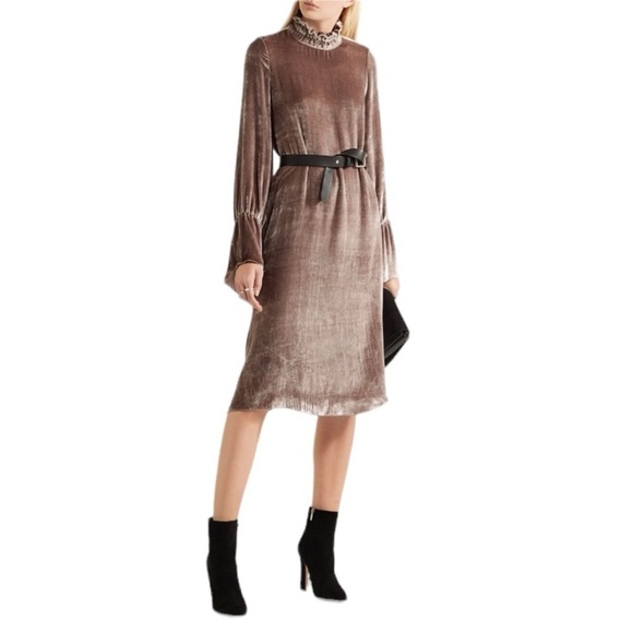 See By Chloe - High Neck Bell Sleeve Crushed Velvet Midi Dress Sz 38 - Picture 1 of 10